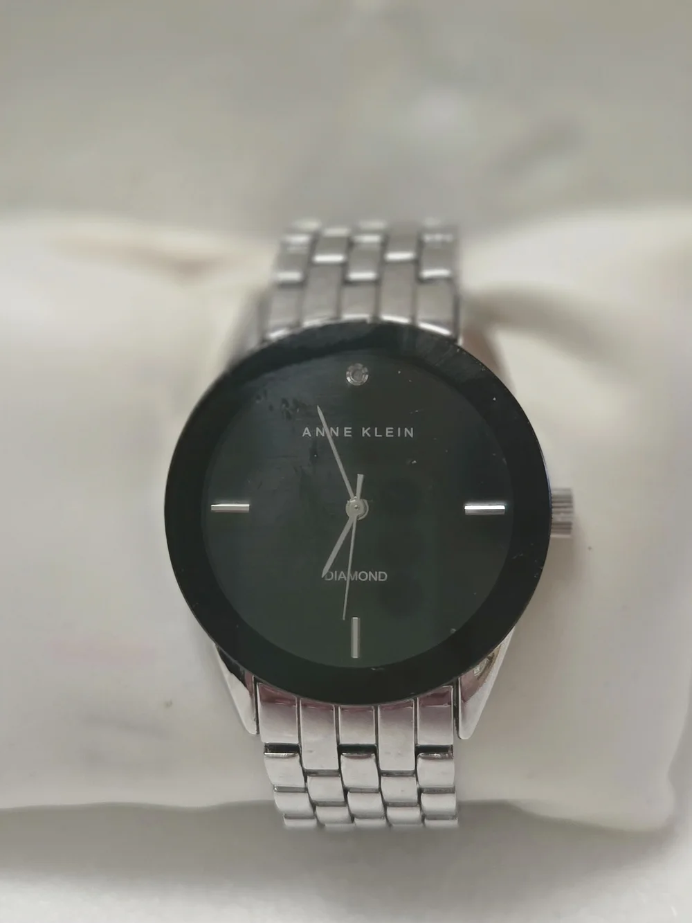 Anne Klein Silver Bracelet Watch with Black Dial And Diamond Accent